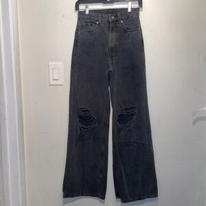 HM Divided Womens High Waisted Wide Leg Distressed Jeans Washed Black Size 4